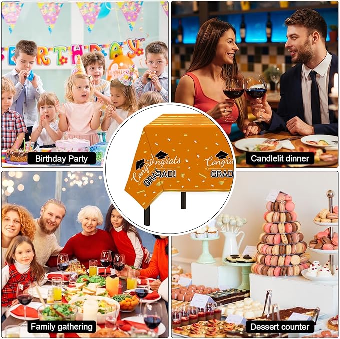 Childom 3 Pack Graduation Tablecloth,Graduation Decorations Class of 2026 Graduation Party Decorations,54"x108" Orange and Gold Plastic Table Cloth Disposable Rectangle for Home,School,Party Supplies