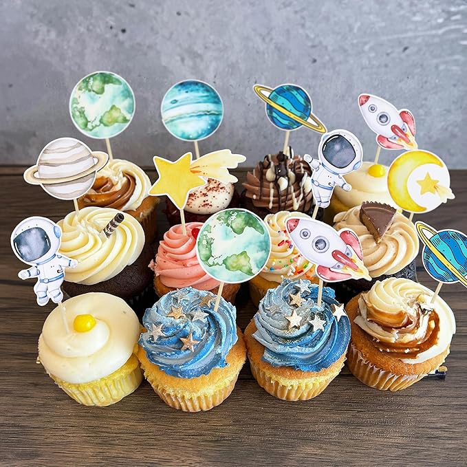 Ephlyn 36Pcs Space Astronaut Cupcake Toppers Planet Rocket Spaceship Trip to the Moon Star Cupcake Food Picks Universe Outer Space Theme Baby Shower Kids Birthday Party Supplies Blue