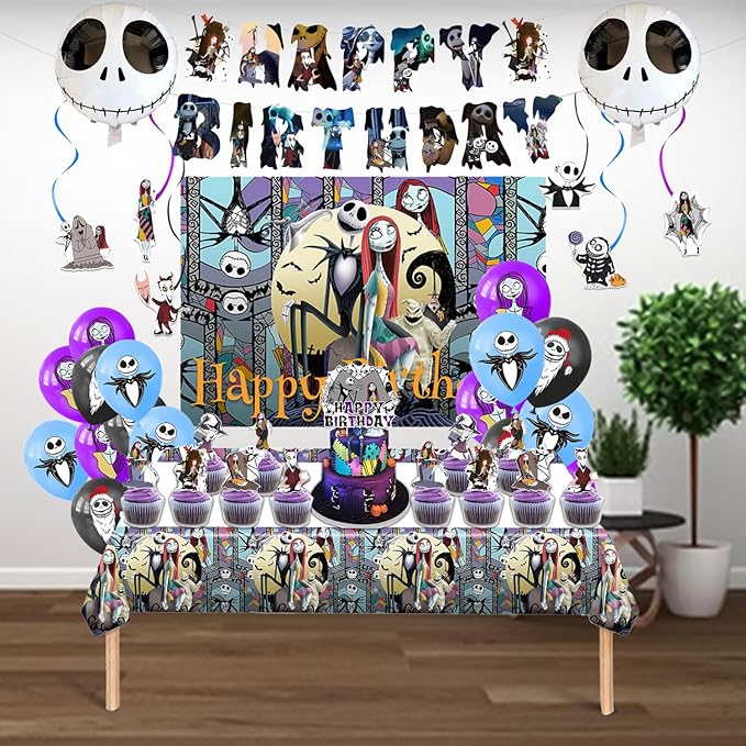 Birthday Decorations, Nightmare Christmas Party Supplies Halloween Birthday Party Decorations Set Includes Banner Balloons Tablecloth Backdrop Hanging Swirls Cake Toppers