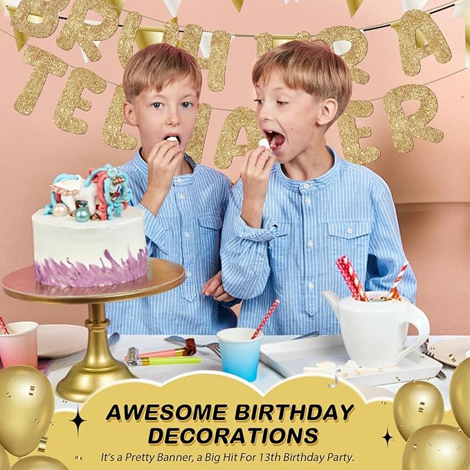 Fulmoon Pre Strung Bruh Ur a Teenager Glitter Banner 13th Birthday Banner Decorations for 13 Year Old Teen Birthday Party Favors Supplies for Boy Girl(Champagne Gold)