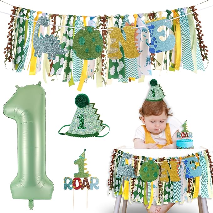 Dinosaur Highchair Banner for First Birthday Party Decorations Green Jungle Dinosaur Theme High Chair Tassel Banner for Boys Little Dino Roar 1st Birthday Fabric Banner Photo Props Backdrop Decorations