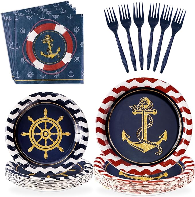 Grencian 96Pcs Nautical Anchor Party Supplies Navy Nautical Party Plates Sailor Boat Ship Paper Plates Disposable Anchor Theme Tableware Set for Baby Shower Birthday Party, Serves 24