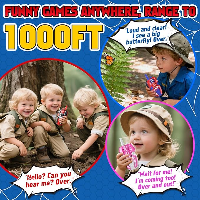 3 Pack Walkie Talkies for Kids, Spider Toys 2 Pack Outdoor 2 Way Radio Toy Gifts Camping Brithday Gift Walkie Talkies for 3 4 5 6 7 8 9 10 Year Old Boys