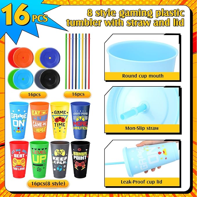 16 Pcs Video Game Plastic Cups Gaming Party Favor with Lids and Straws 24 oz Gamer Reusable Tumbler Water Mug for Fun Video Birthday Party Supplies for Adults (Colorful)