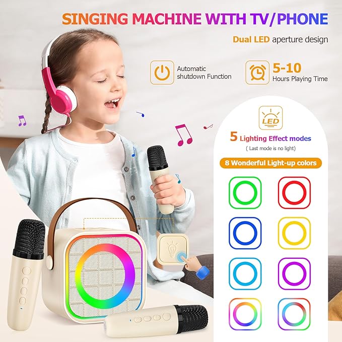 Kids Mini Karaoke Machine with Lights, Portable Bluetooth Speaker with 2 Wireless Microphones, Birthday Toys Gift for Girls Boys Ages 4,5,6,7,8,9,10+ Year Old, Party, Home KTV, Outdoor (Beige)
