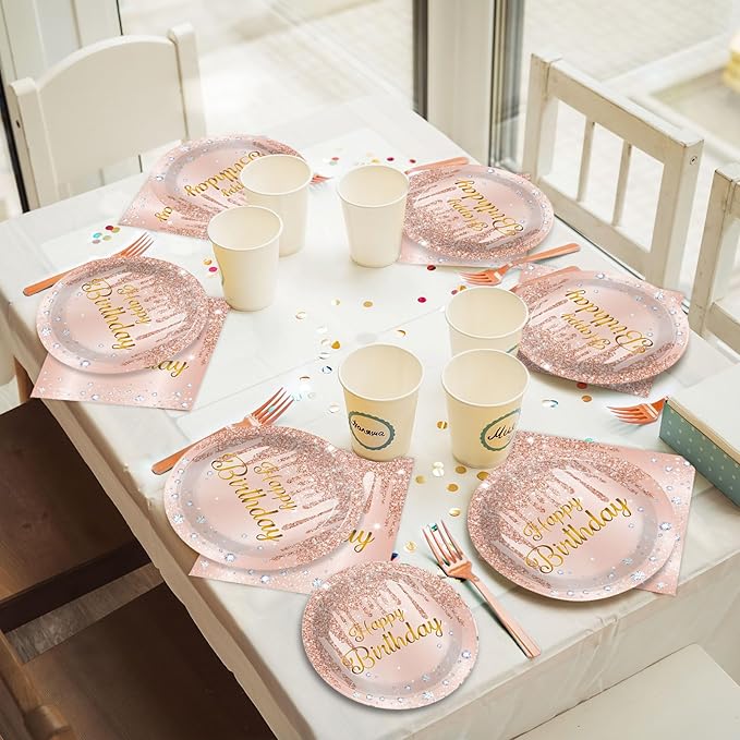 ZOIIWA 96 Pieces Happy Birthday Tableware Set for Pink Rose Gold Table Decorations Supplies Dessert Plates Napkins Forks Women 24 Guests Disposable Party Favors