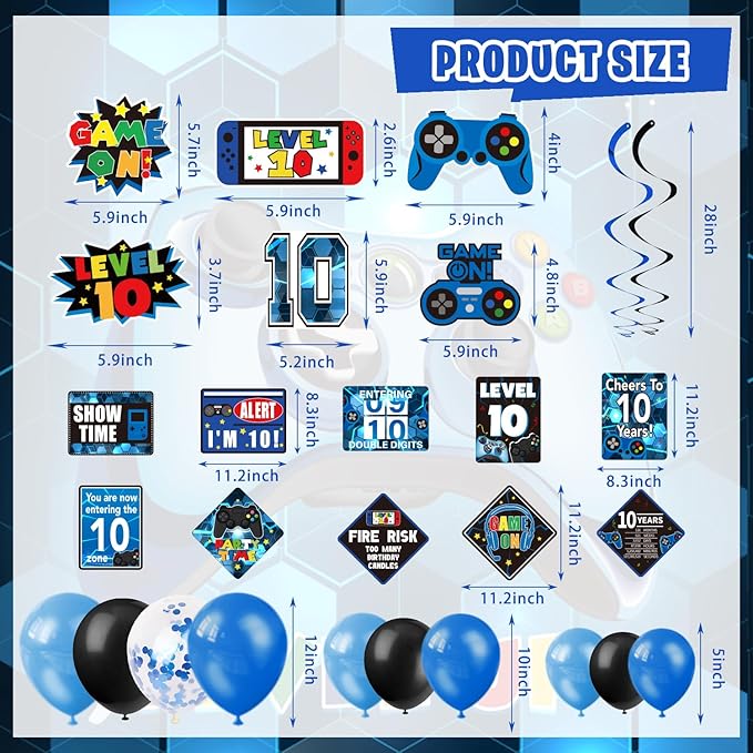10th Birthday Decorations for Boys, 149Pcs Blue Video Game level 10 Party Supplies for Boy 10th Birthday - Backdrop, Banner, Balloons, Tablecloth, Centerpieces, Hanging Swirls, Wall Signs