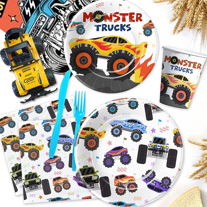 APOWBLS Monster Truck Birthday Party Supplies, Monster Theme Jam Party Decorations Tableware, Plate, Napkin, Tablecloth, Fork, Monster Truck Birthday Plate And Napkin Decorations Dinnerware | Serve 24