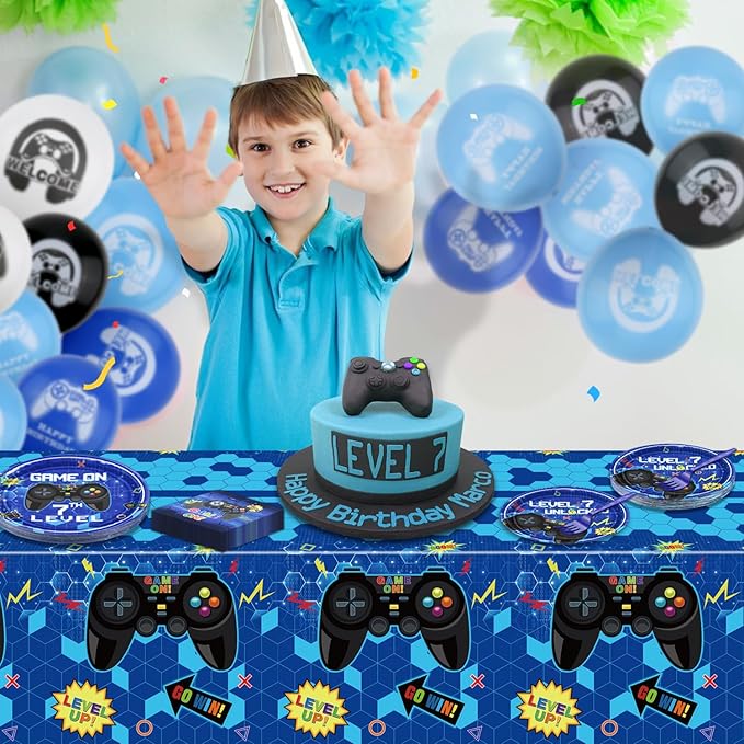 81 Pcs Video Game Party Supplies 7th Birthday Video Game Party Decor Dinner Plates Napkins Video Game Tablecloth Forks Gaming Party Favors for Boy 7th Birthday Party, Serves 20