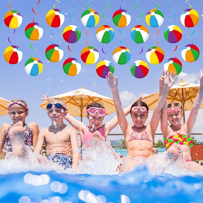 60pcs Beach Ball Party Foil Swirl Decorations Summer Pool Ball Ceiling Hanging Decor Swirls Beach Cutouts Supplies for Birthday Summer Party Favor Indoor Outdoor Decor