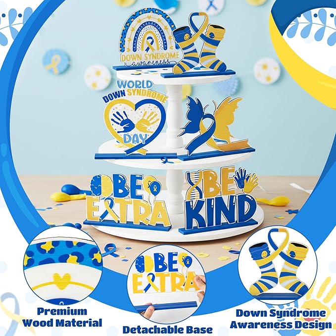 6Pcs Down Syndrome Awareness Wooden Tiered Tray Decoration Centerpieces, Yellow Blue Ribbon Wood Sign Table Topper Decor The Lucky Few Holiday Party Supplies for School Home Office Desk Shelf