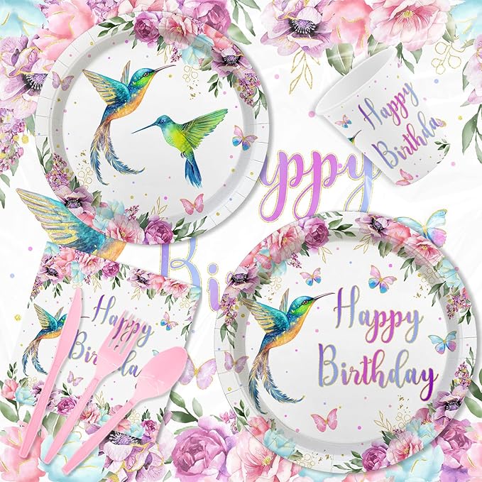 MEHOFOND Hummingbird Birthday Party Decorations, Bird Party Supplies, Spring Floral Watercolor Disposable Tableware Set 193Pcs Plates Napkins Plastic Tablecloth for Birthday Party