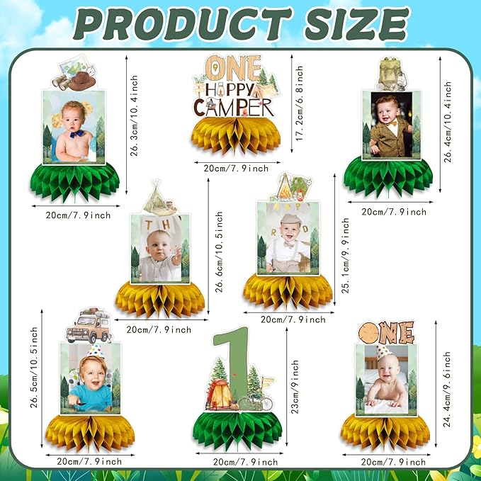 One Camper Birthday Decorations, 8pcs Camping 1st Birthday Photo Table Honeycomb Centerpiece for Camping Camper Campfire Theme One Year Old Birthday Party Supplise