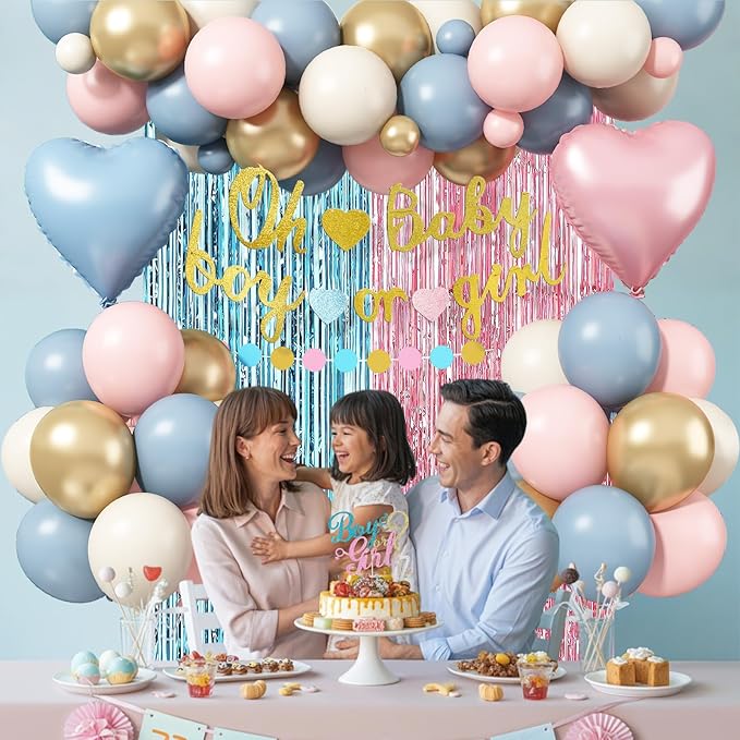 Boy or Girl Gender Reveal Decorations, Dusty Pink Blue Sand White Gold Latex Foil Balloon Oh Baby Banner Boy or Girl Cake Topper Fringe Curtain for Boho Baby Shower Gender Reveal Party Decoration