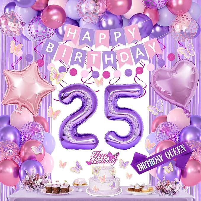 25th Purple Birthday Decorations for Women, Pink and Purple Happy 25 Birthday Party Decorations with Happy Birthday Banner, Number Foil Balloons, Butterfly Cake Topper for 25th Party Supplies