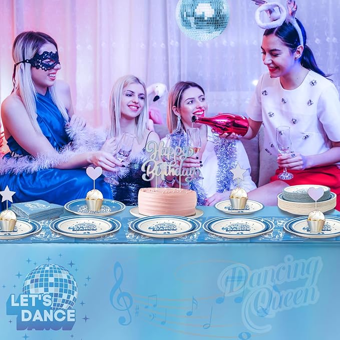 180PCS Dancing Queen Party Supplies Serve 60,Blue Disco Paper Plates and Napkins Kit for 70s Disco 17th Birthday Bachelorette Party Decorations,Includes Dinner and Dessert Plates, Napkins
