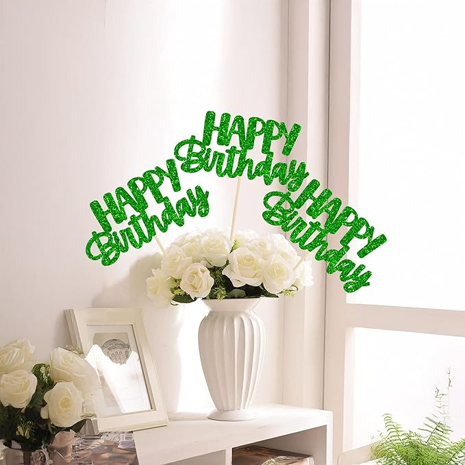 Gyufise 12Pcs Happy Birthday Centerpieces Sticks Double Sided Glitter Birthday Party Decorations Anniversary Table Flower Centerpiece for Celebrating Party Supplies Green