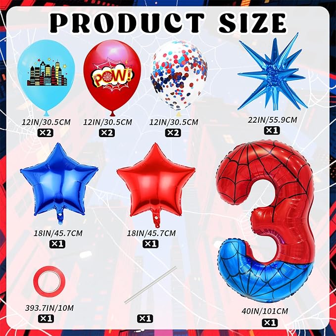 Spider Web Number 3 Balloon Birthday Decoration, Superhero Themed 40in Giant Mylar Number Party Supplies
