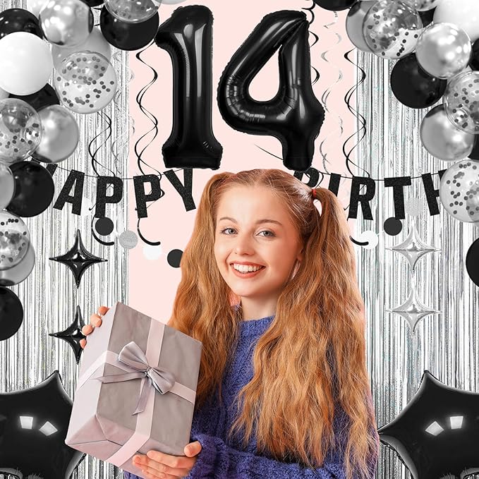 14th Birthday Decorations for Boys Girls, Silvery and Black Happy 14th Birthday Banner ,Number 14 Balloons Arch Kit for 14 year old Birthday Party Decorations.