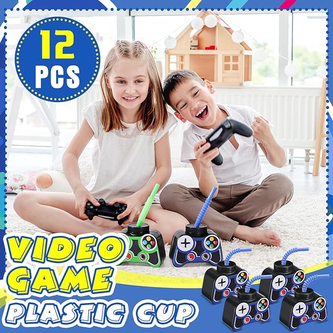 Mifoci 12 Pcs Plastic Video Game Party Cups with Straw and Lid 10oz Gamer Birthday Themed Drink Cups 7th Video Game Party Favors for Kids Toddlers Gamer Birthday Supplies (Blue)