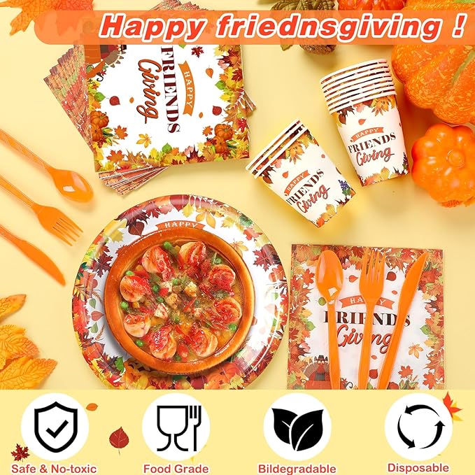 168 Pcs Thanksgiving Party Supplies Disoposable Friendsgiving Tableware Set Turkey Paper Plates and Pumpkin Leaf Cups and Napkins for Fall Thanksgiving Friendsgiving Party Decorations