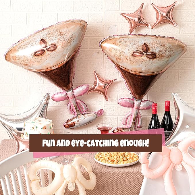 Civaner 12 Pcs Espresso Martini Balloon with 2 Realistic Giant 32 x 26 Inches Martini 4 Pink Bow and 6 Star a Tini Bit Older Birthday Party Decor for Bachelorette Bridal Shower Wedding Party Supplies