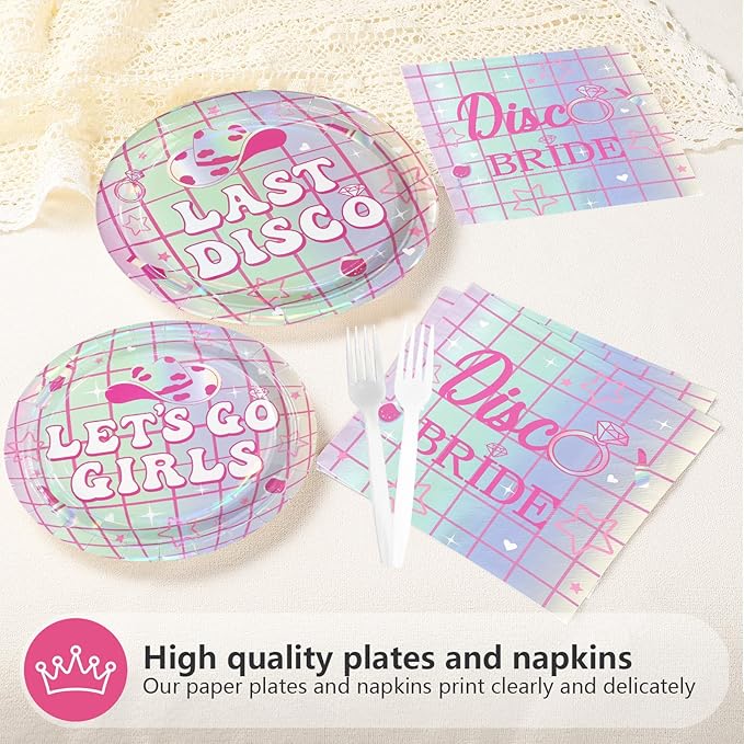 96Pcs Last Disco Bachelorette Party Decorations Disco Ball Bachelorette Plates and Napkins Set Lets Go Girls Bride to Be Decoration for Disco Bridal Shower Wedding Engagement Party Supplies Serves 24