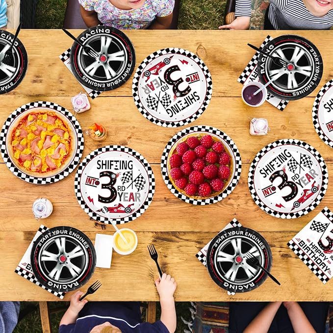96Pcs Shifting into 3rd Year Birthday Decorations Disposable Race Car Themed 3rd Party Plates and Napkins Checkered Flag Tableware Set for Boys Racing Car 3 Years Old Birthday Party Supplies Serves 24