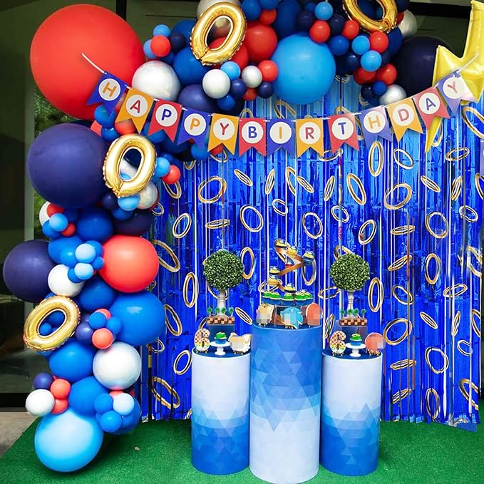 Cartoon Hedgehog Birthday Party Decoration, 1 Pack Hedgehog Party Backdrop Photo Booth Prop, Blue with Gold Ring Print Fringe Curtains Tinsel Photo Streamers for Hedgehog Theme Party Decor Supplies