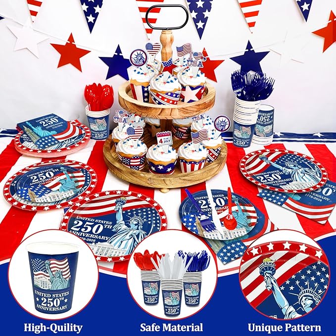 168PCS 4th of July Decorations 250th Anniversary Patriotic Party Supplies American Flag Tableware Set Plates Napkins Cups Knives Forks Spoon Red White Blue Decor for Memorial Independence Day Serve 24