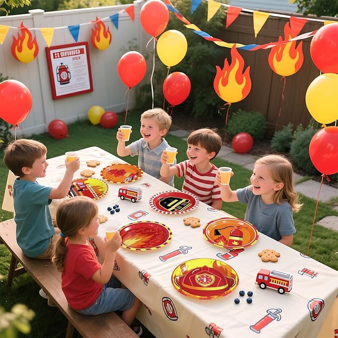 Grencian 60Pcs Firetruck Paper Plates 9" Large Disposable Heavy Duty Red Fire Truck Birthday Platter Firefighter Themed Dessert Plate for Kids Boys Birthday Fireman Fire Lunch Dinner Party Decoration
