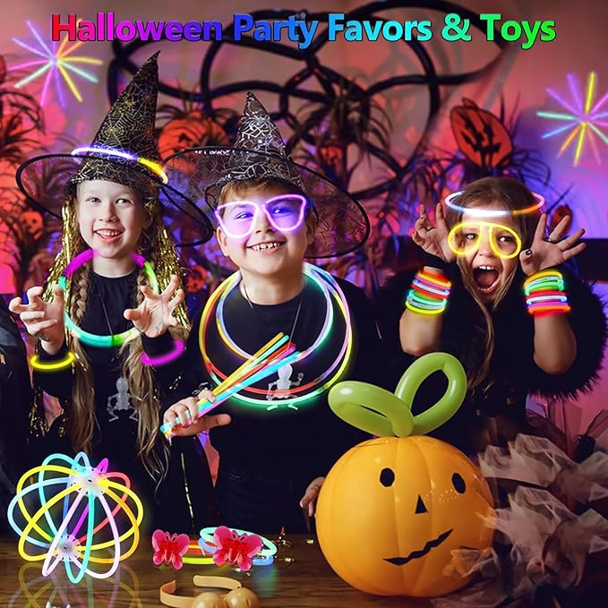 BUDI 467Pcs Glow Sticks Party Favors for Kids Adults Glow in the Dark Party Supplies 4th of July Accessories Neon Decors 200 GlowSticks Bulk 8 Colors 8 Inch & 267 Connectors Necklace Bracelet Glasses