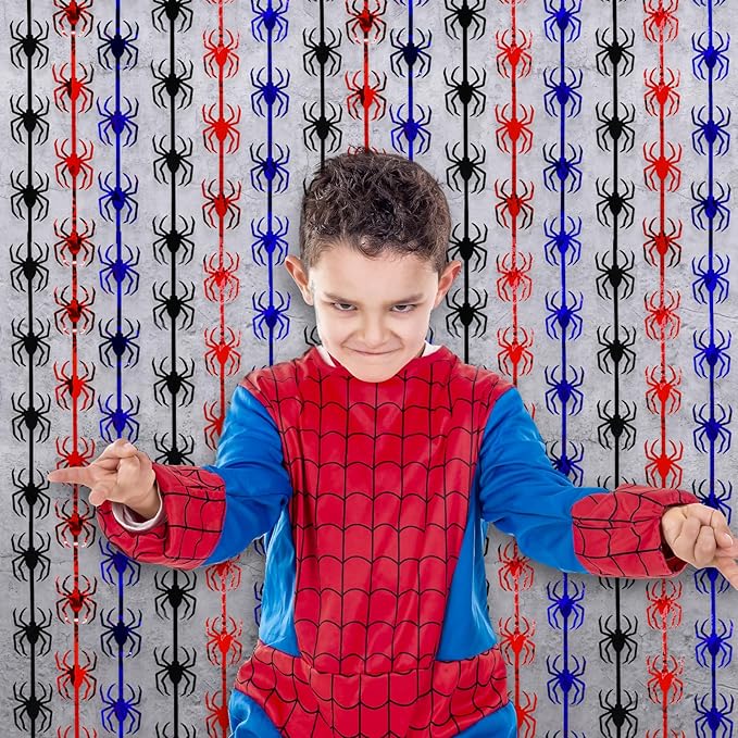 Spider Web Birthday Decorations,2 Pack Red Black and Blue Spider Birthday Party Supplies 3.3 x 6.6ft Tinsel Foil Fringe Curtains Photo Booth Props Backdrop Streamers, House Room Decor for Boys