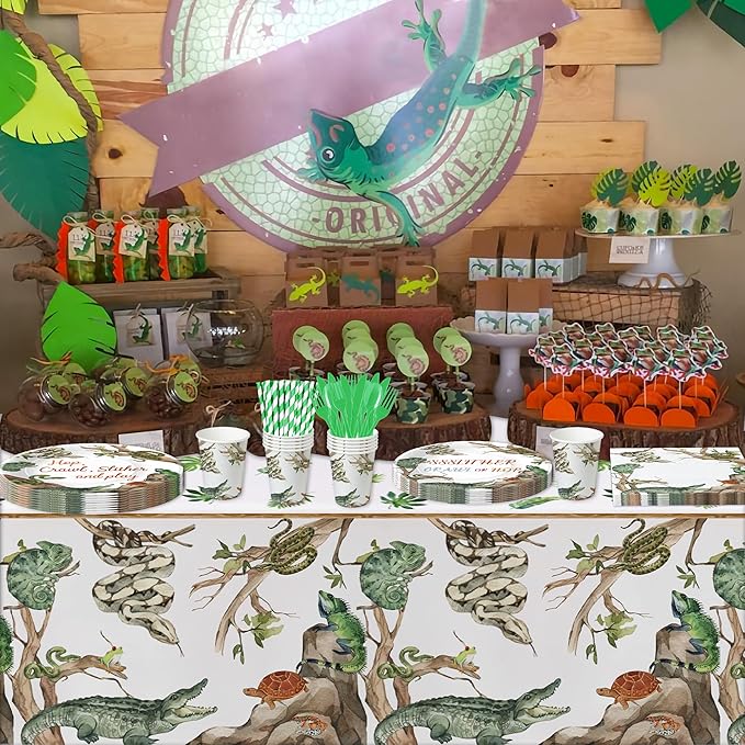 Reptile Birthday Party Supplies Tablecloth - Disposable Decorations Tablecover, Jungle Swamp Animal Lizard Snake Birthday Party Decorations Table Cloth - 4 Pack (54in x 108in)