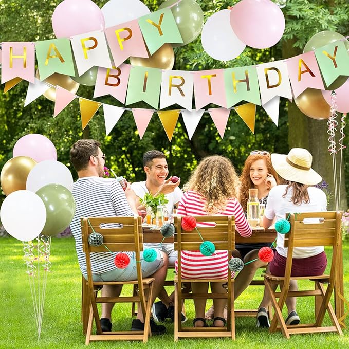 Happy Birthday Banner, Happy Birthday Decorations for Girls, 16 Pcs 12in Balloons with Banner Bunting and 3 Ribbons for Men Women Girls and Boys Birthday Party Decorations(Green Pink)