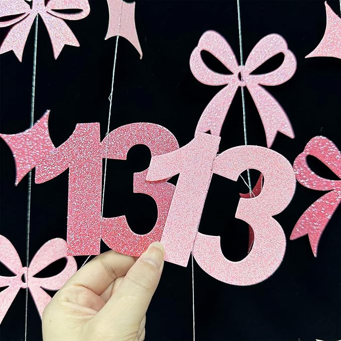 Glitter Pink 13th Bow Birthday Decorations Hot Pink Conquette Bow Garland Streamer Banner Backdrop for Girls Happy 13th Birthday Official Teenager Cheers to 13 Years Old Anniversary Party Supplies