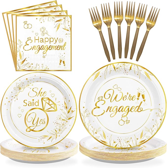 Grencian 96Pcs Happy Engagement Party Supplies White Gold Diamond Ring Plates Napkins She Said Yes Party Disposable Dinnerware for Wedding Bridal Shower Just Engaged Decoration Serve 24