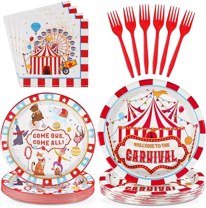 Grencian 96Pcs Carnival Party Decorations Carnival Circus Plates and Napkins Disposable Circus Theme Birthday Paper Tableware Set for Birthday Baby Shower Party Supplies, Serves 24