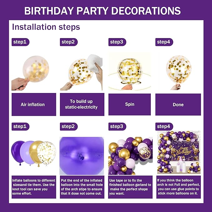 Purple and Gold Birthday Decorations for Women,Party Supplies with Happy Birthday Backdrop,Balloon Garland Arch Kit For Girls