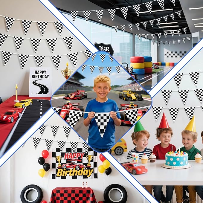 Piokio Double Sided Plastic Checkered Flag Banner, Racing Birthday Decorations, for Nascar Cars Party Supplies