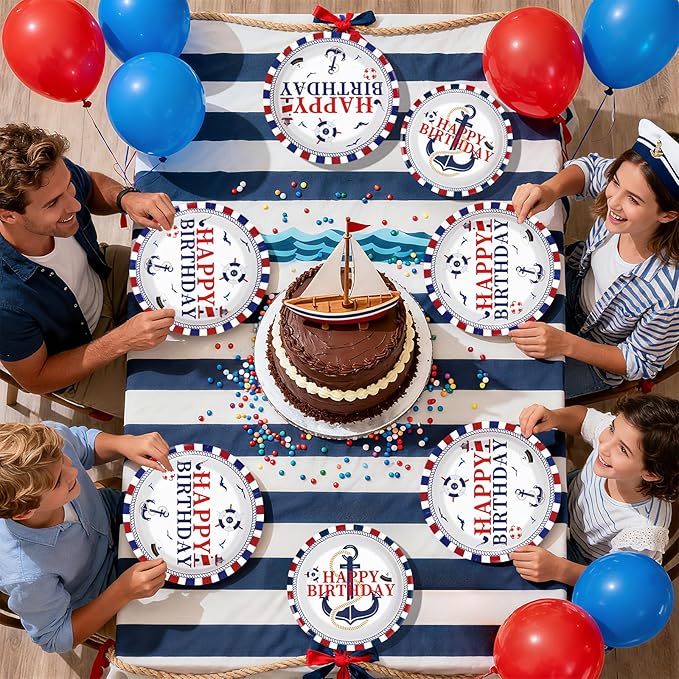 96 Pcs Nautical Party Supplies Sailing Party Decoration Plates and Napkins Red White and Blue Tableware Set for Boy Birthday Baby Shower Nautical Theme Celebrations Serves 24