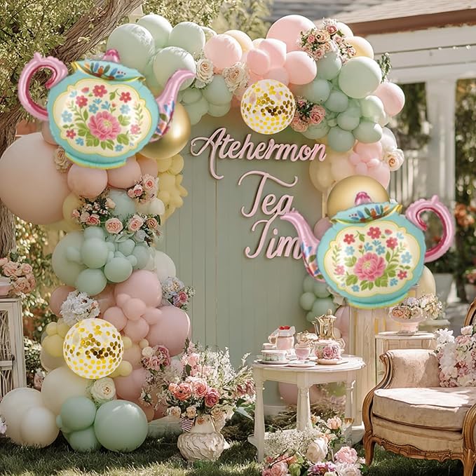 4 Pcs Tea Party Balloons, 35" Huge Teapot Aluminum Foil Balloons for Birthday, Baby Shower, Wedding, Bridal, Engagement, Bachelorette, Princess, Let's Par Tea Garden Party Decorations Supplies