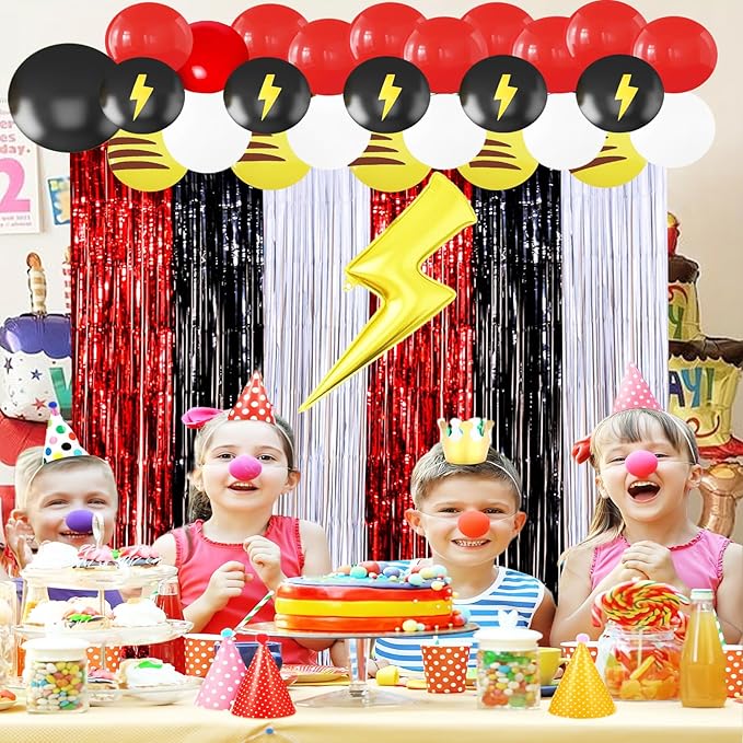 23Pcs Cartoon Ball Birthday Decorations, Red Black White 3.3x8.2ft Tinsel Foil Fringe Curtains Banners and Cute Balloons for Anime Pika Theme Birthday Party Decorations Boys and Girls Party Supplies