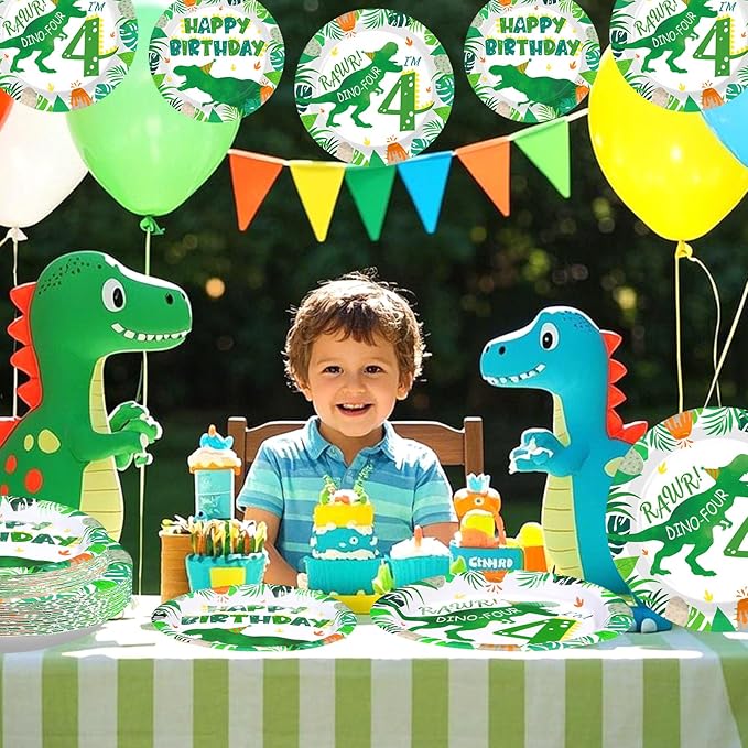 Grencian 96Pcs Dinosaur 4th Birthday Decorations Dinosaur 4th Birthday Plates Roar Im Four Paper Tableware Set for Boys Dino Four Year Old Birth-day Party Decorations, Serves 24