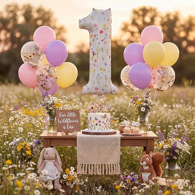 Jenaai Wildflower Number 1 Balloon Birthday Decorations, 1st Flower Balloons for 1st Floral Birthday Party Supplies Spring Summer Picnic Party Decoration