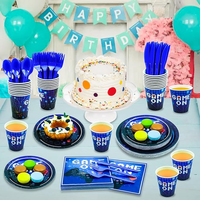 175 Pcs Video Game Party Supplies Set Paper Plates Napkins Cups Forks Knives and spoons serve for 25 Guests Game Birthday Party