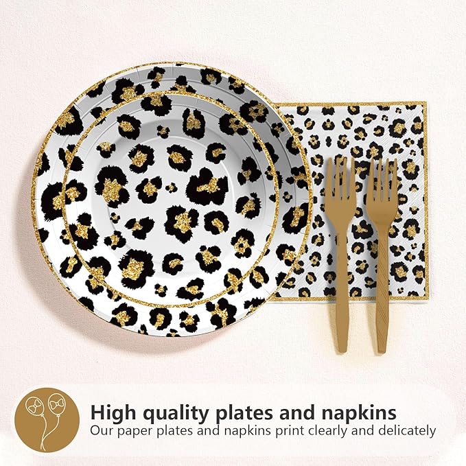 Grencian 96 Pcs Cheetah Print Birthday Decorations White Leopard Plates and Napkins Leopard Print Party Supplies Safari Themed Paper Plates for Jungle Safari Cheetah Theme Party Baby Shower Serves 24