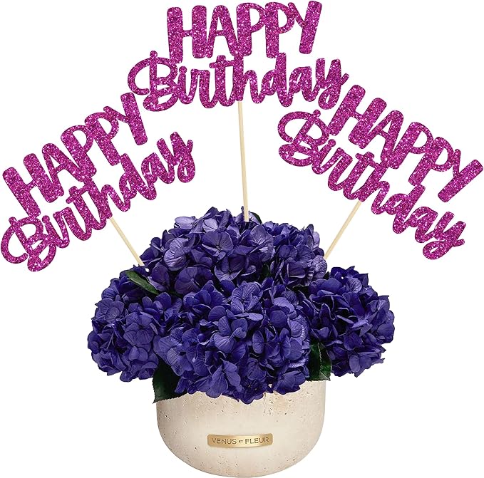Gyufise 12Pcs Happy Birthday Centerpieces Sticks Double Sided Glitter Birthday Party Decorations Anniversary Table Flower Centerpiece for Celebrating Party Supplies Purple