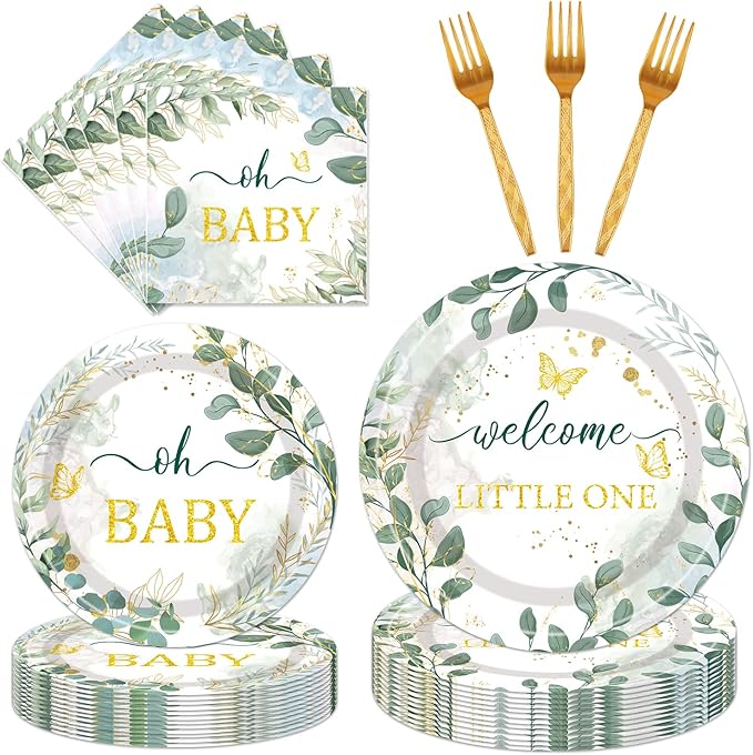 Sage Green Baby Shower Decorations - 96PCS Sage Plates and Napkins Party Supplies Welcome Little One Green Baby Shower Disposable Paper Tableware Set Serves 24 Guests