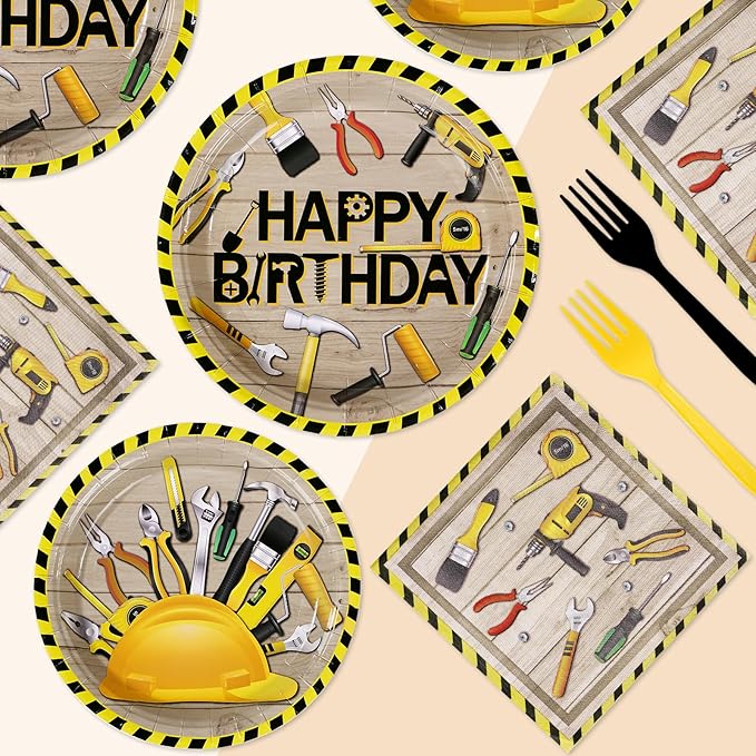 Grencian 96 PCS Handyman Tools Party Supplies Handyman Tools Party Plates 350GSM Disposable Handyman Tools Birthday Tableware Set for Little Builder Carpentry Construction Birthday Party, Serves 24
